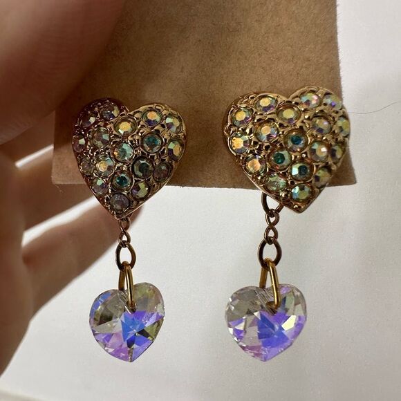 Vintage Whimsical Heart AB Crystal Dangle Earrings - Picture 1 of 4